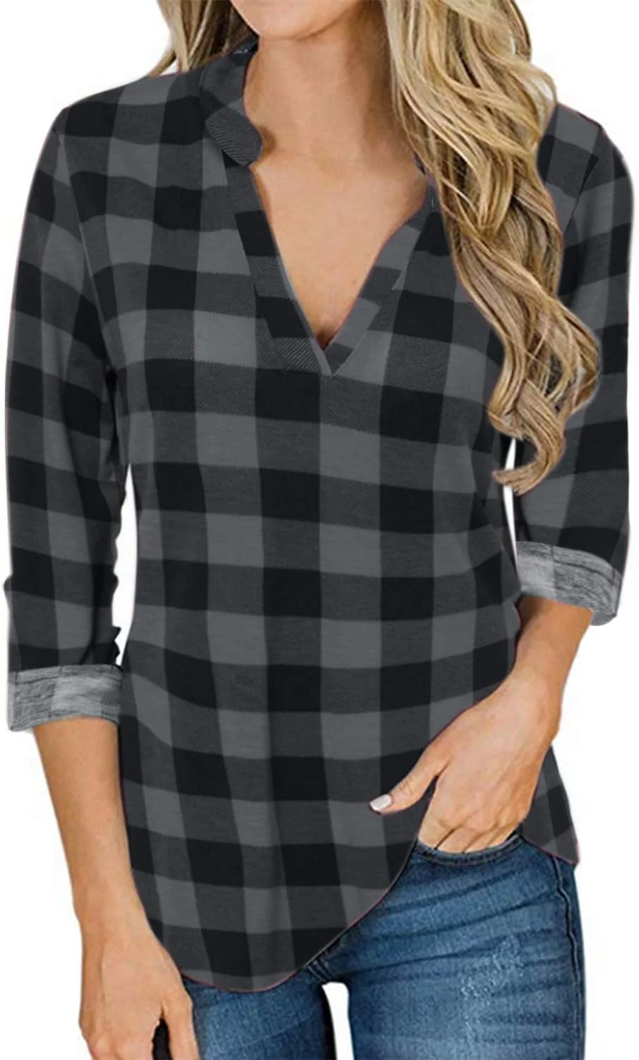 یوینز تاپ زنانه، بلوز دکمه دار، آستین بلند، طرح چهارخانه، گشاد، غیر رسمی، بافتنی های پایه، تی شرت، خاکستری M