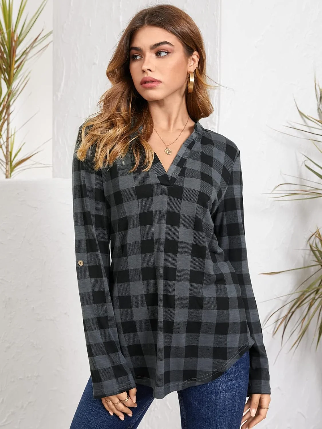 یوینز تاپ زنانه، بلوز دکمه دار، آستین بلند، طرح چهارخانه، گشاد، غیر رسمی، بافتنی های پایه، تی شرت، خاکستری M