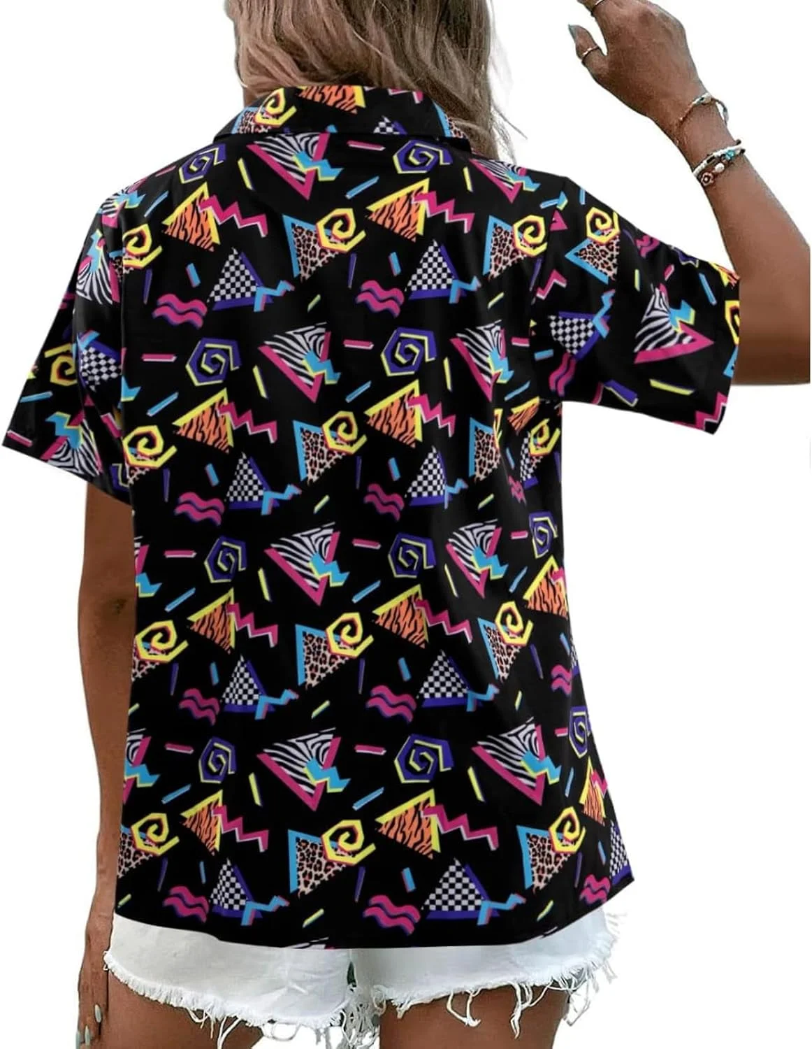 پیراهن زنانه یولسان طرح دهه 80 و 90، پیراهن هاوایی مهمانی دیسکو رترو دهه 80، آستین کوتاه، بلوز دکمه دار نئون