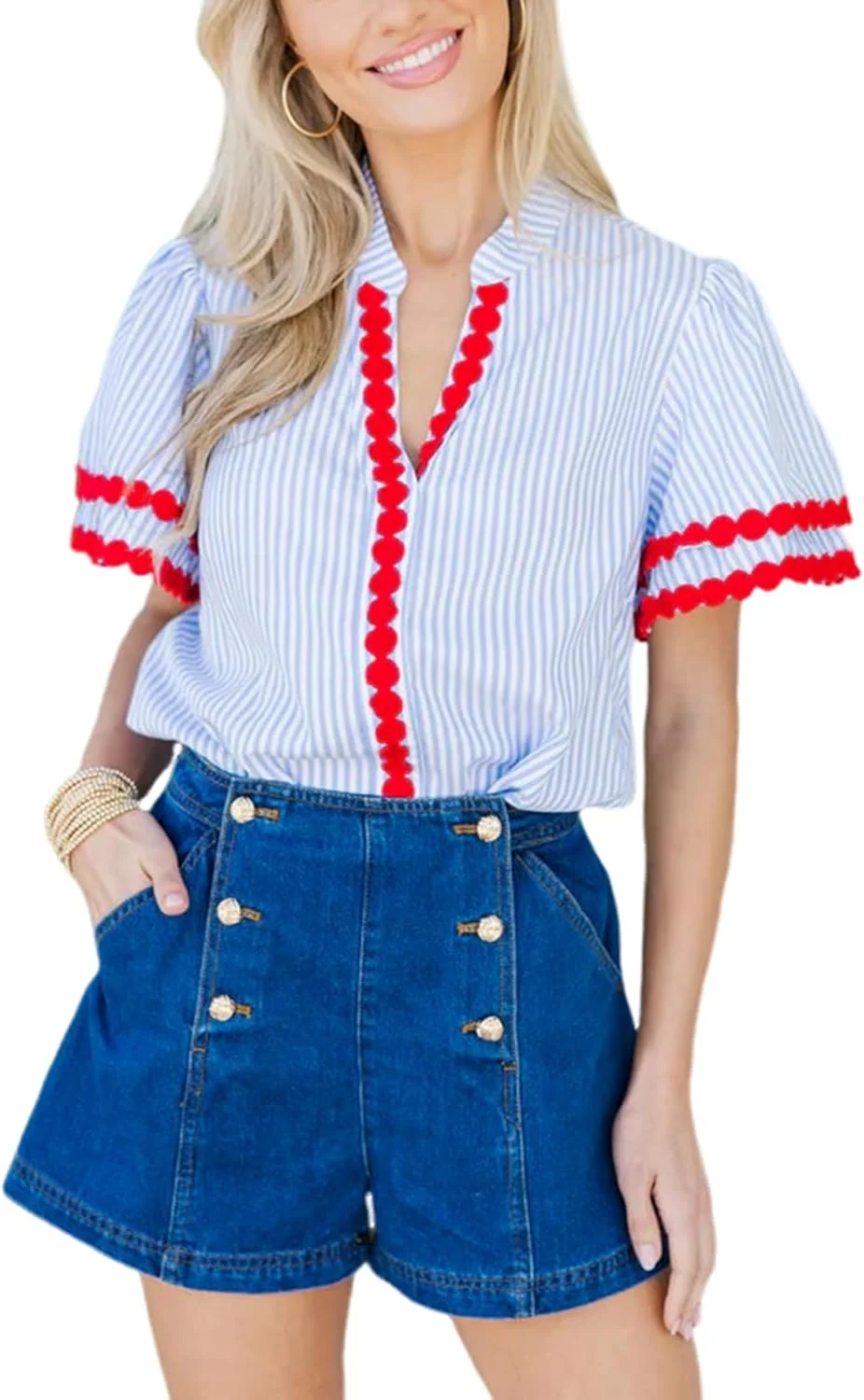 Yeokou بلوز زنانه راه راه یقه هفت آستین پفی کوتاه، تاپ پنبه ای، بلوز دکمه دار تابستانی غیر رسمی