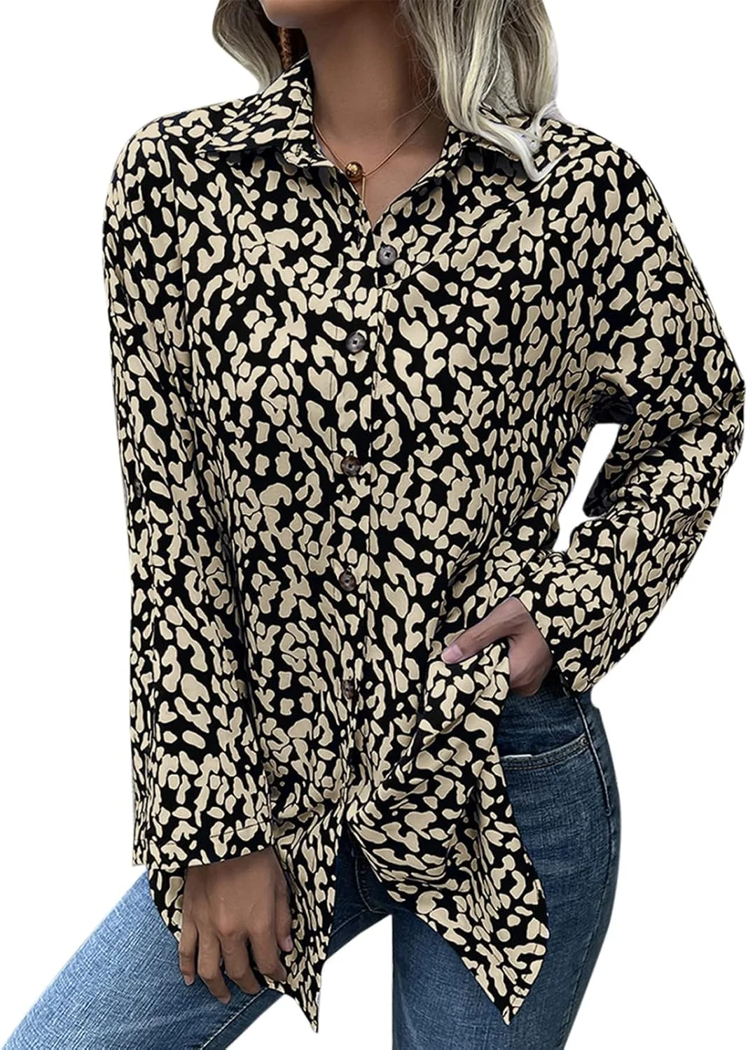 بلوز دکمه دار زنانه آستین بلند یقه برگردان طرح پلنگی، تاپ غیر رسمی گشاد با یقه برگردان مناسب کار