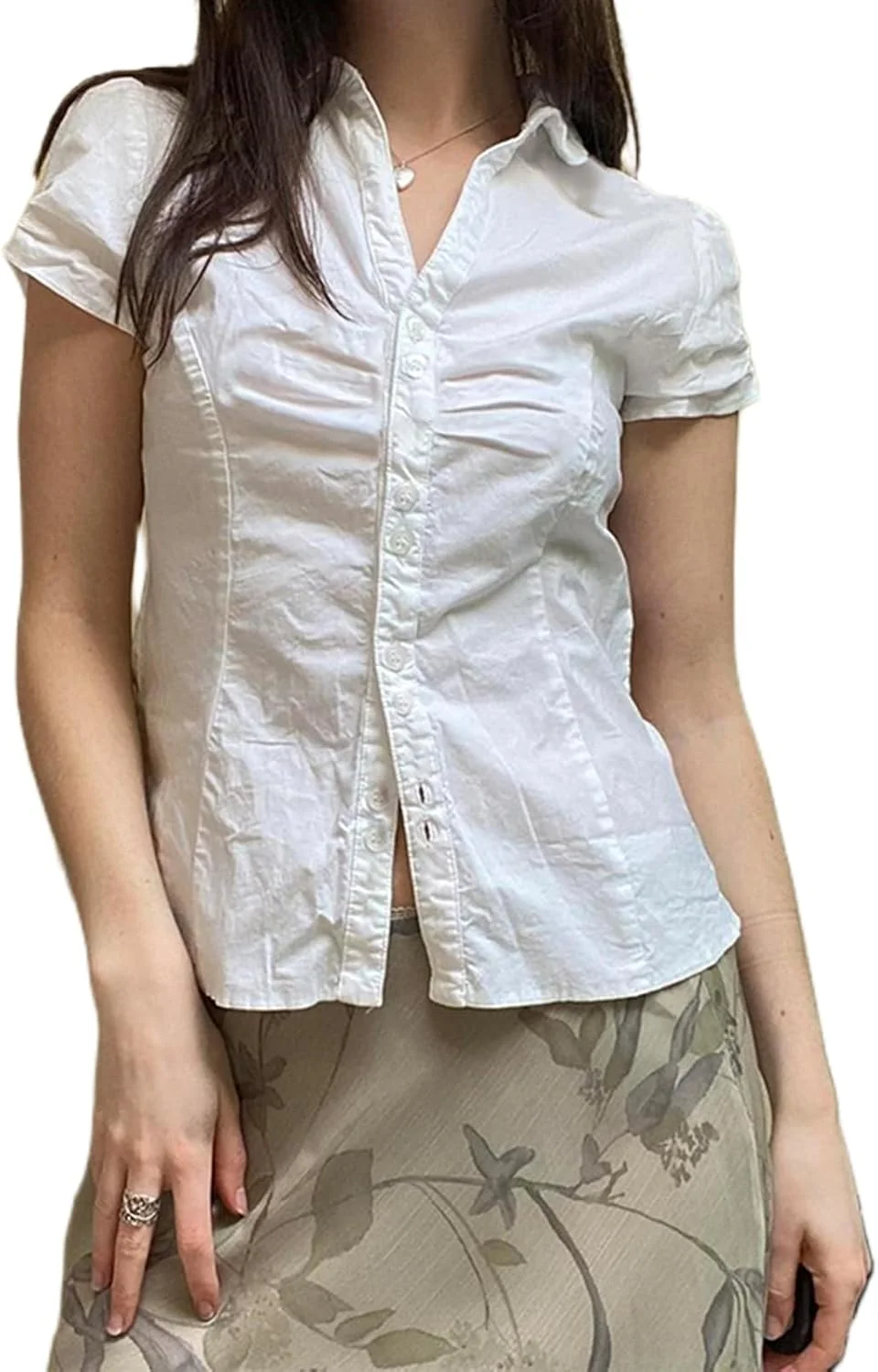 پیراهن دکمه دار زنانه YILEEGOO، آستین کوتاه، یقه برگردان، بلوز جذب، پشت گره ای، تاپ های باریک، مناسب تابستان و محیط کار
