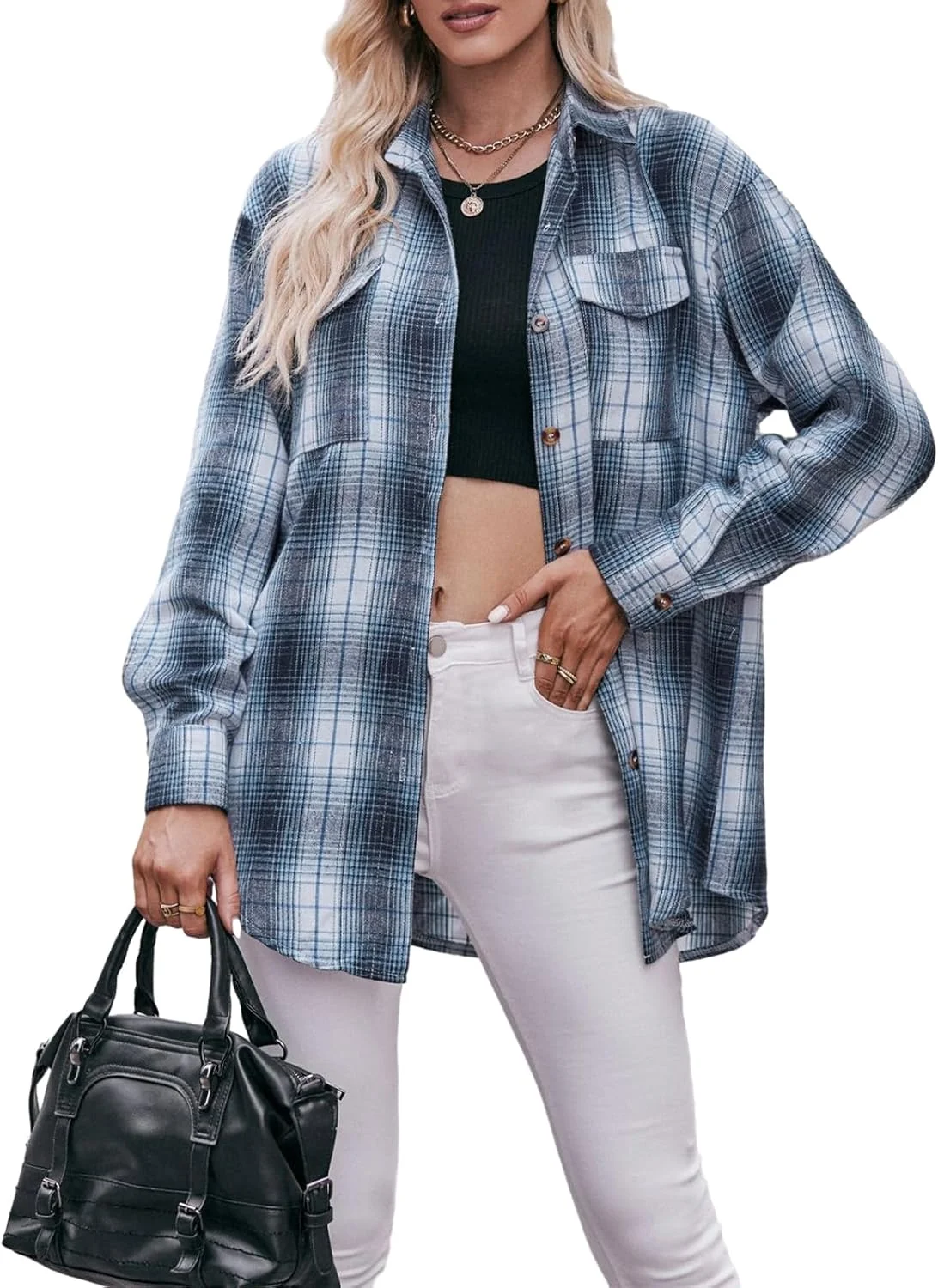 پیراهن چهارخانه فلانل غیر رسمی زنانه YILEEGOO، بلوز دکمه دار بزرگ یقه برگردان، بلوز آستین بلند طرح رنگی