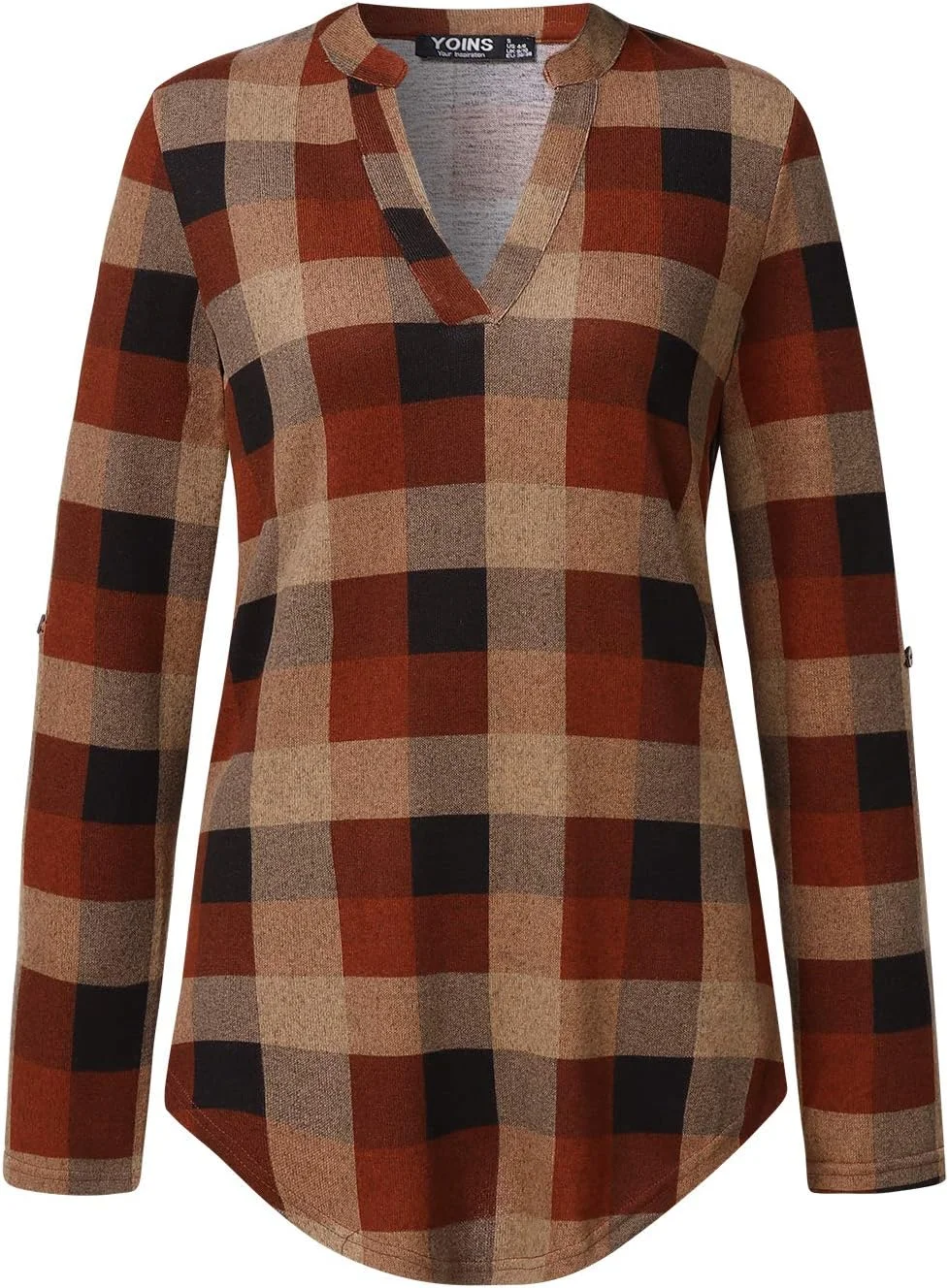 یوینز تاپ زنانه، بلوز دکمه دار، آستین بلند، طرح چهارخانه، مدل آزاد، تیشرت بافتنی پایه و غیر رسمی، رنگ قهوه ای، سایز XXL
