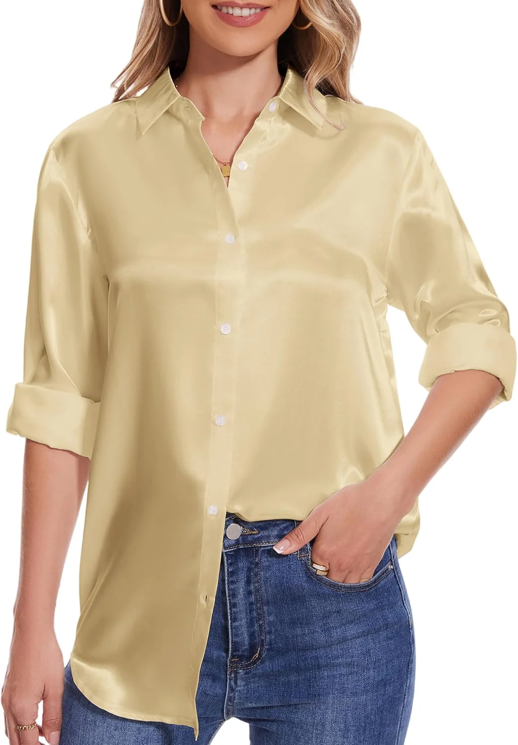 بلوز ساتن زنانه یامانمن، آستین بلند، دکمه دار، یقه هفت، بلوز آزاد، مناسب کار و استایل کژوال