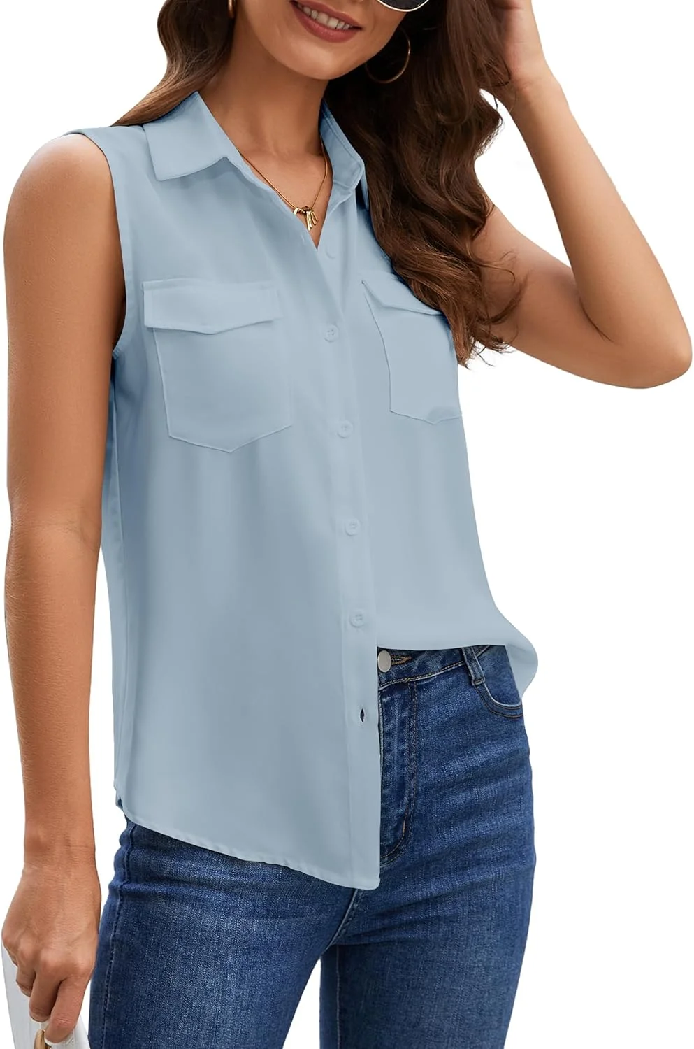تاپ بدون آستین دکمه دار زنانه یامانمن، بلوز شومیز ساده و غیر رسمی، تاپ گشاد یقه هفت مناسب تابستان برای کار