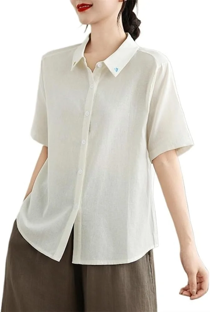 ایکس‌سینگ بلوز زنانه دکمه‌دار آستین کوتاه یقه برگردان، مناسب تابستان، خنک و راحت (بژ، XL)