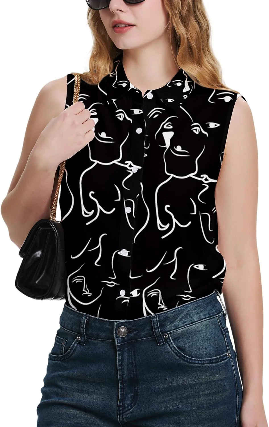 یامانمن بلوز دکمه دار آستین حلقه ای زنانه، یقه دار کلاسیک، تاپ های تانک یقه هفت غیر رسمی