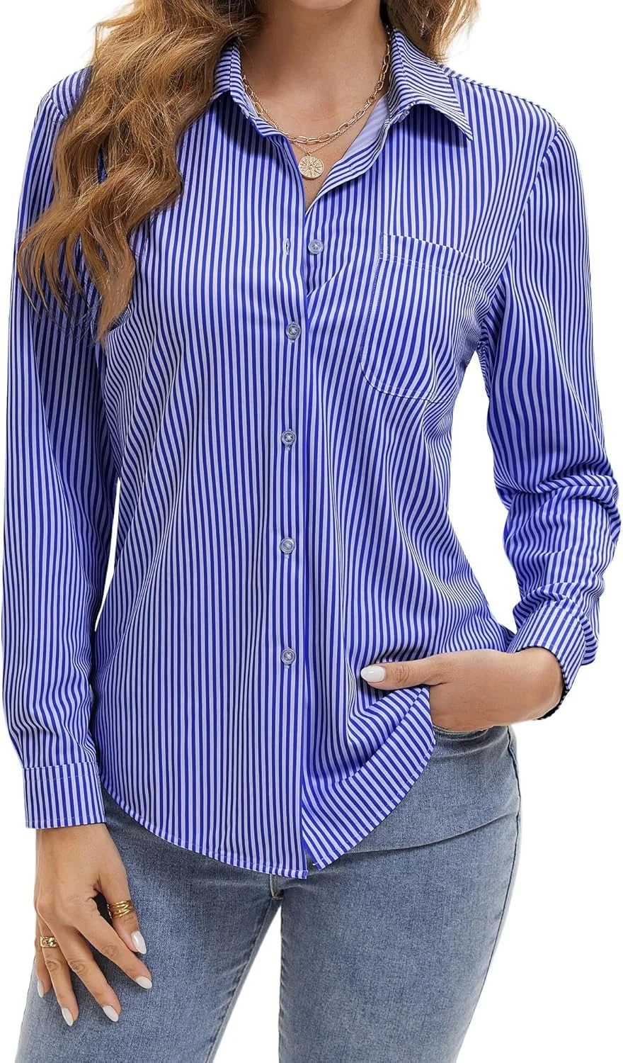 پیراهن زنانه دکمه دار راه راه بدون چروک آستین بلند یقه دار مناسب کار و استایل اداری به همراه جیب