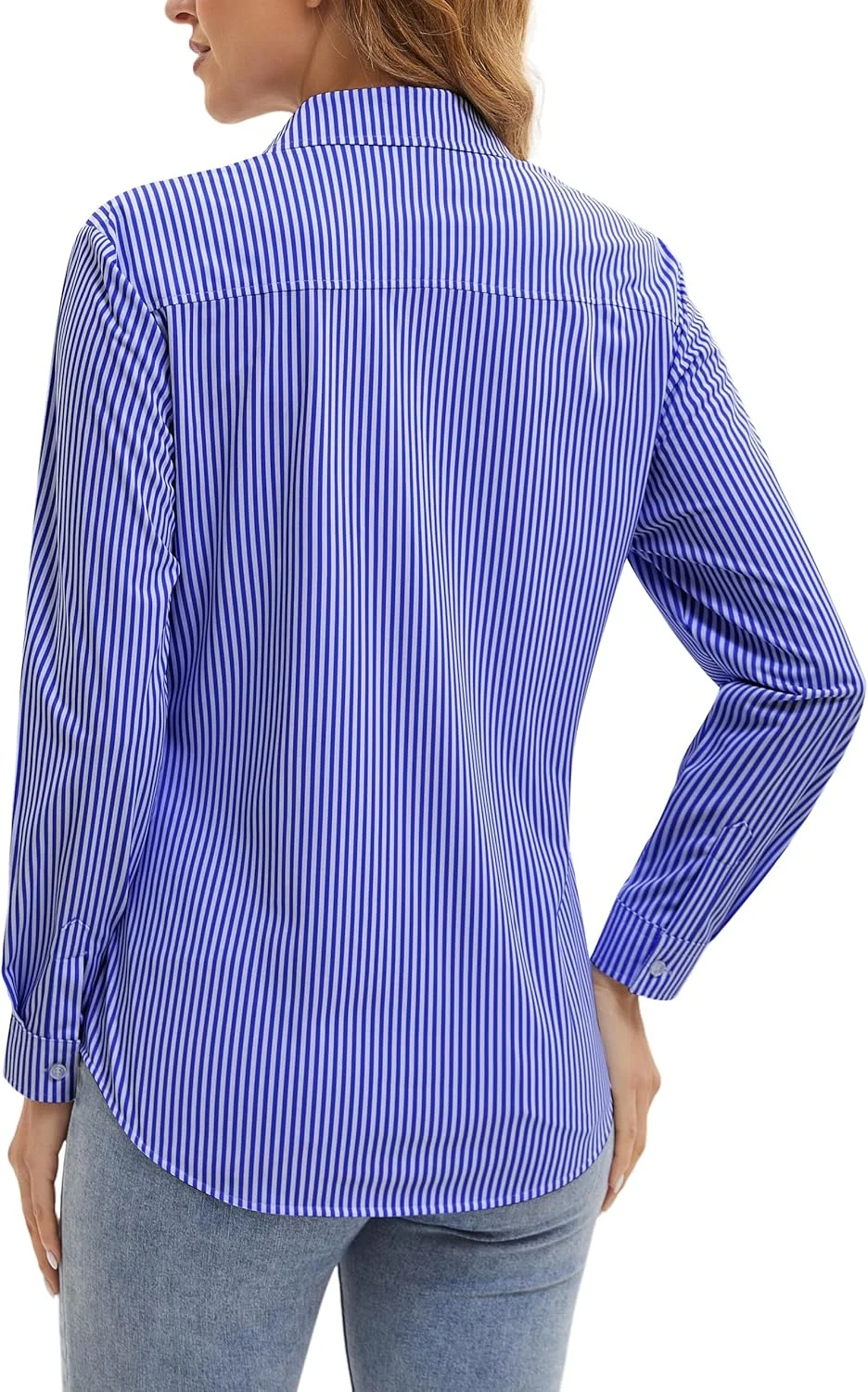 پیراهن زنانه دکمه دار راه راه بدون چروک آستین بلند یقه دار مناسب کار و استایل اداری به همراه جیب