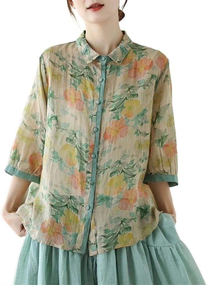 XSYING بلوز آستین بلند زنانه با طرح گلدار، یقه برگردان و دکمه دار، بلوز نخی و کتانی فوق العاده نازک تابستانی (سبز، XXL)