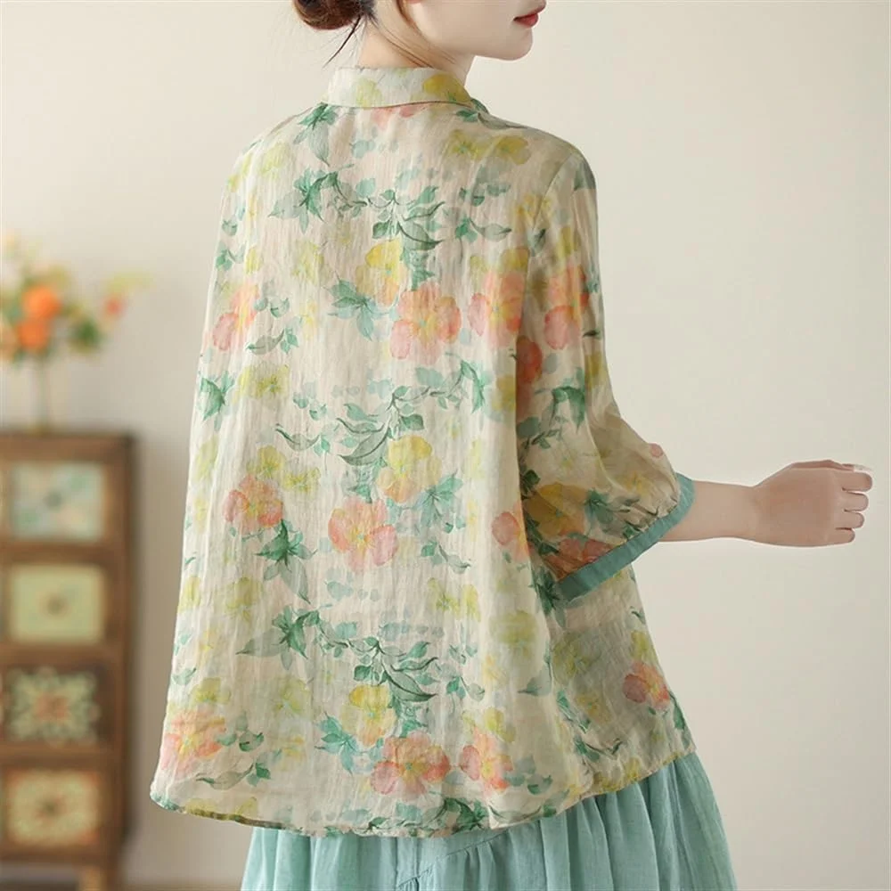 XSYING بلوز آستین بلند زنانه با طرح گلدار، یقه برگردان و دکمه دار، بلوز نخی و کتانی فوق العاده نازک تابستانی (سبز، XXL)