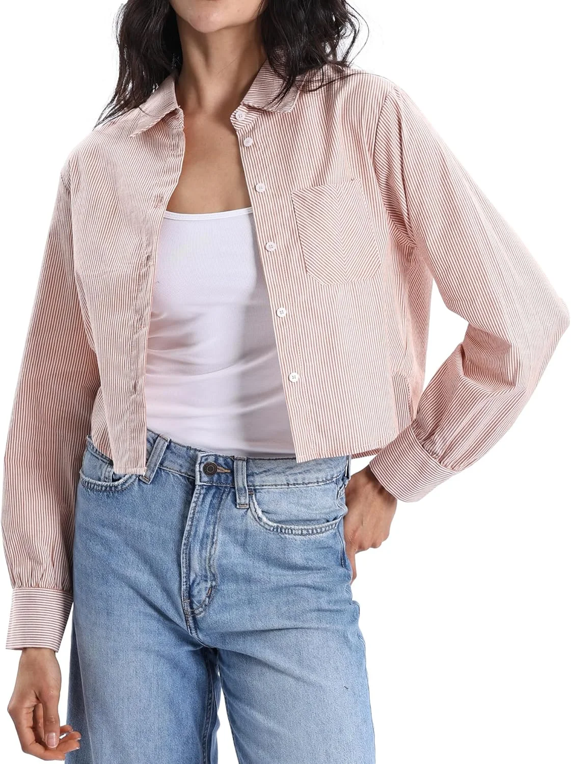 پیراهن راه راه کوتاه زنانه Xintianji آستین بلند دکمه دار یقه دار