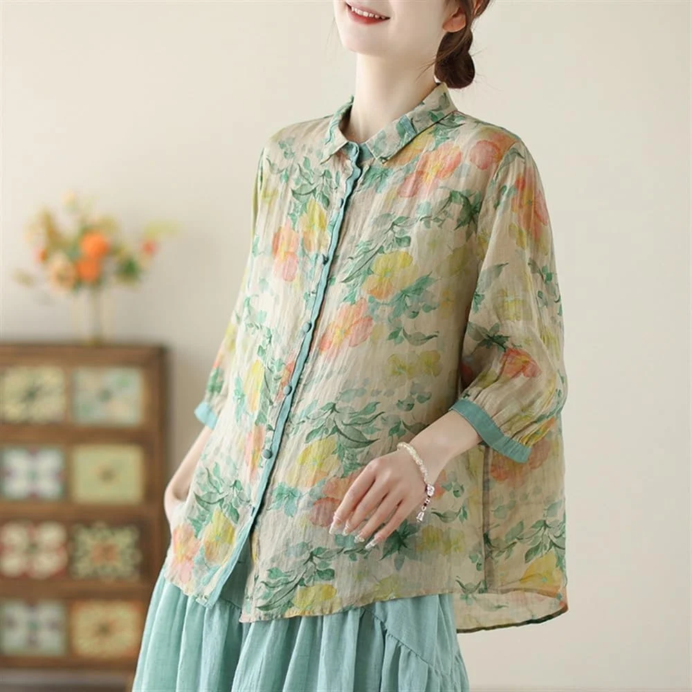 XSYING بلوز آستین بلند زنانه با طرح گلدار، یقه برگردان و دکمه دار، بلوز نخی و کتانی فوق العاده نازک تابستانی (سبز، XXL)