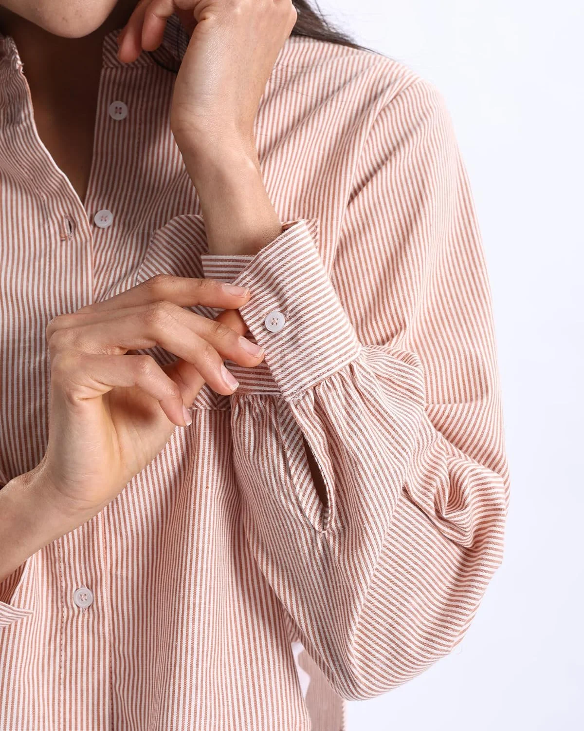 پیراهن راه راه کوتاه زنانه Xintianji آستین بلند دکمه دار یقه دار