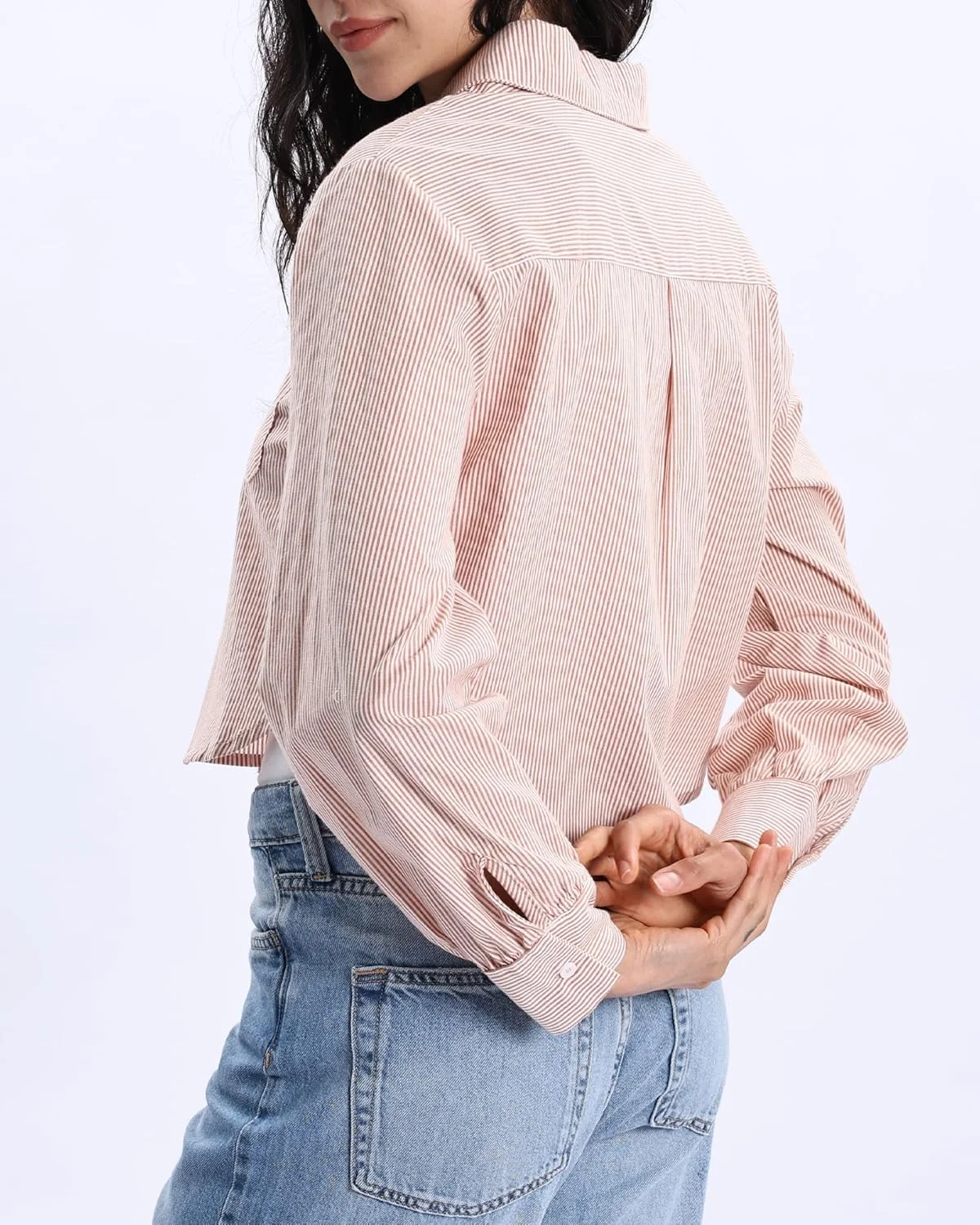 پیراهن راه راه کوتاه زنانه Xintianji آستین بلند دکمه دار یقه دار