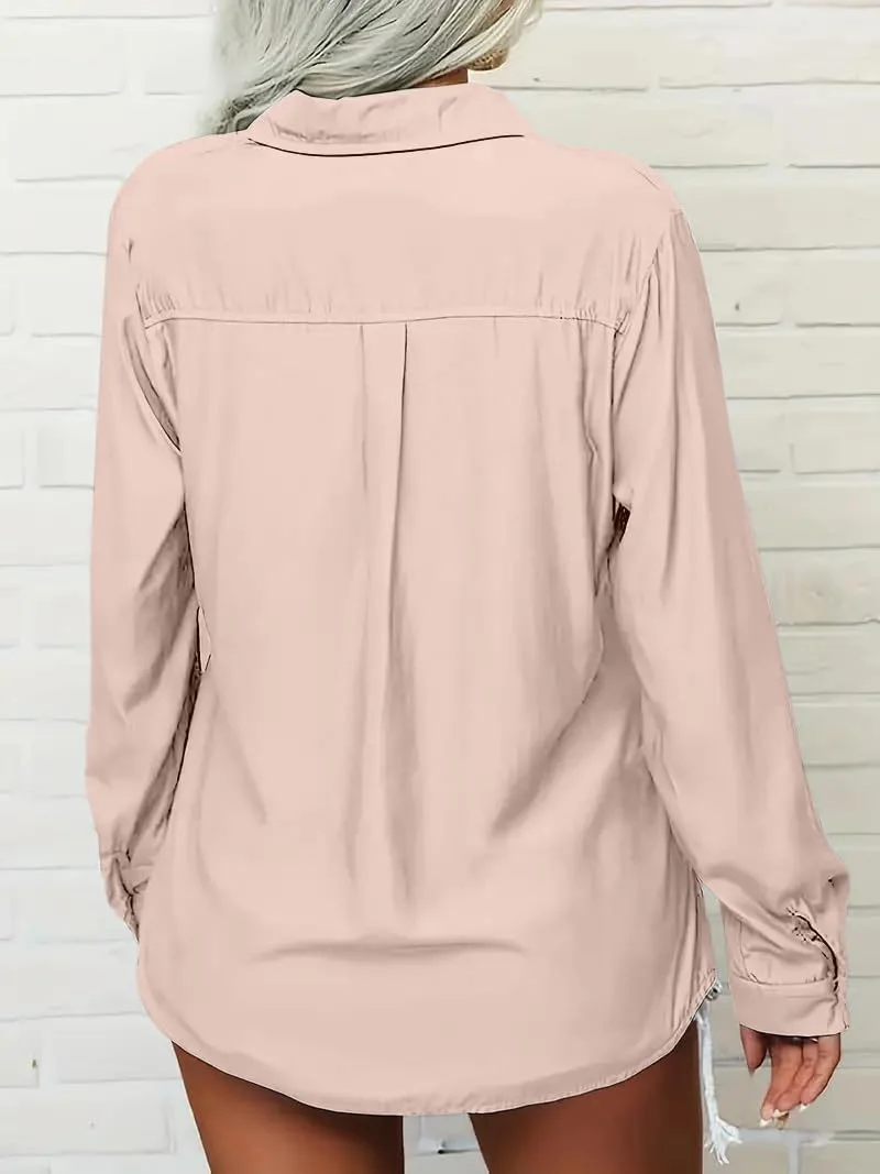 بلوزهای دکمه دار ترندی زنانه، بلوز اداری پایه، سبک وزن، یقه هفت یکدست، تاپ های یقه برگردان با جیب