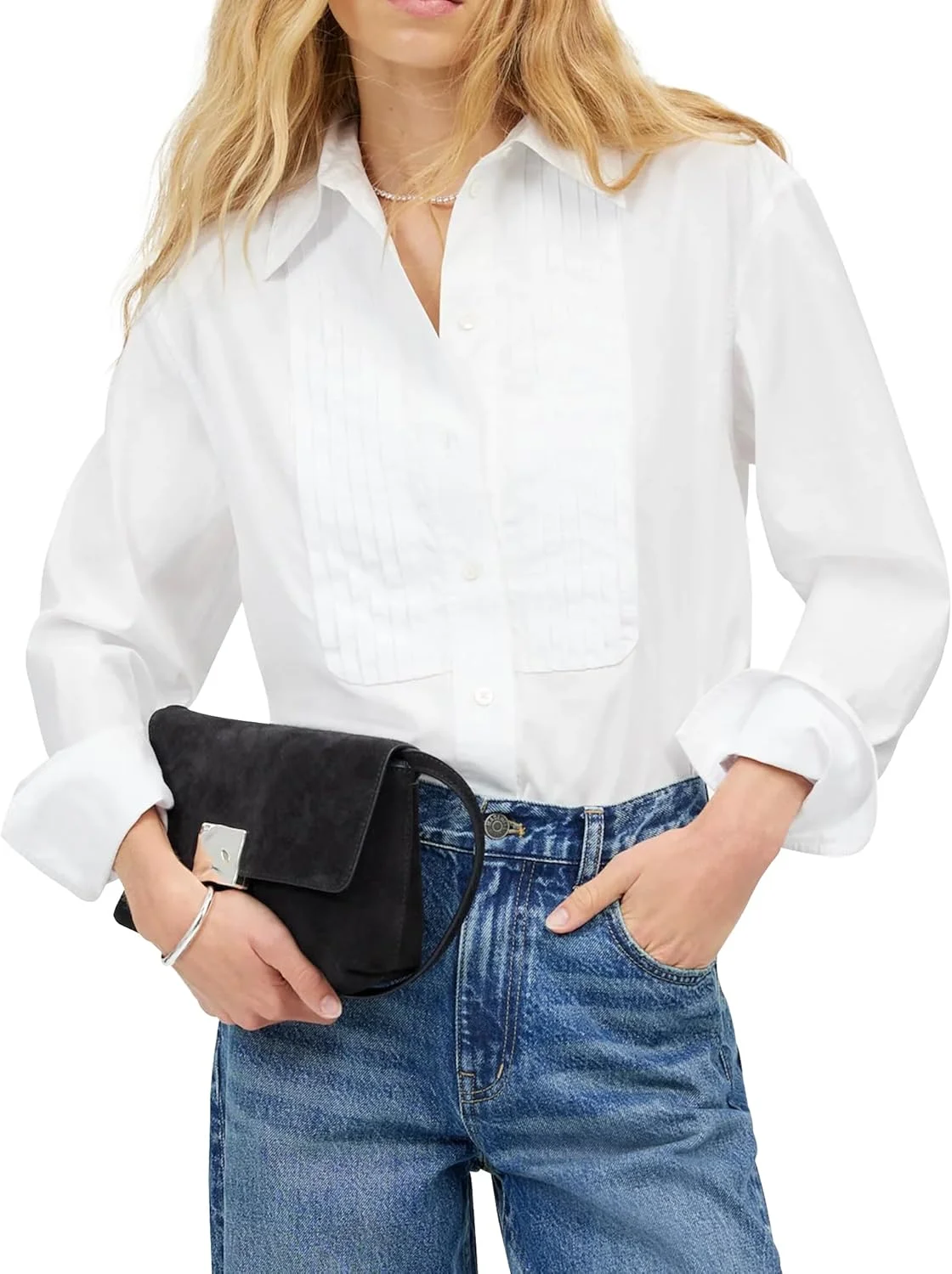 بلوز زنانه سفید دکمه دار طرح تاکسیدو با سینه پلیسه دار آستین بلند