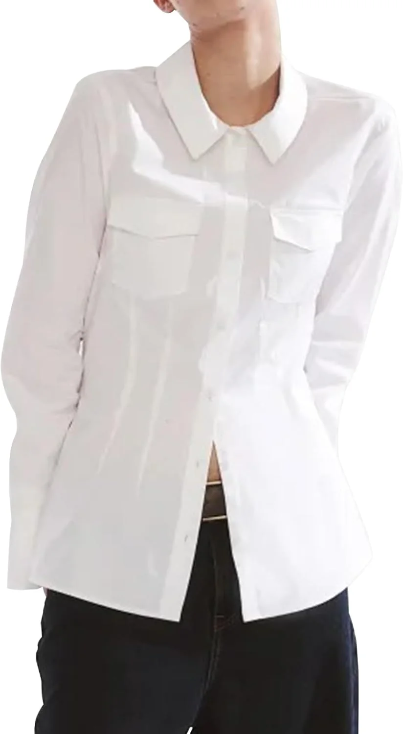 پیراهن زنانه سفید، مدل کارگو، کمر باریک، دکمه دار، آستین بلند، مناسب کار و استایل کژوال، دارای جیب های پاکتی روی سینه