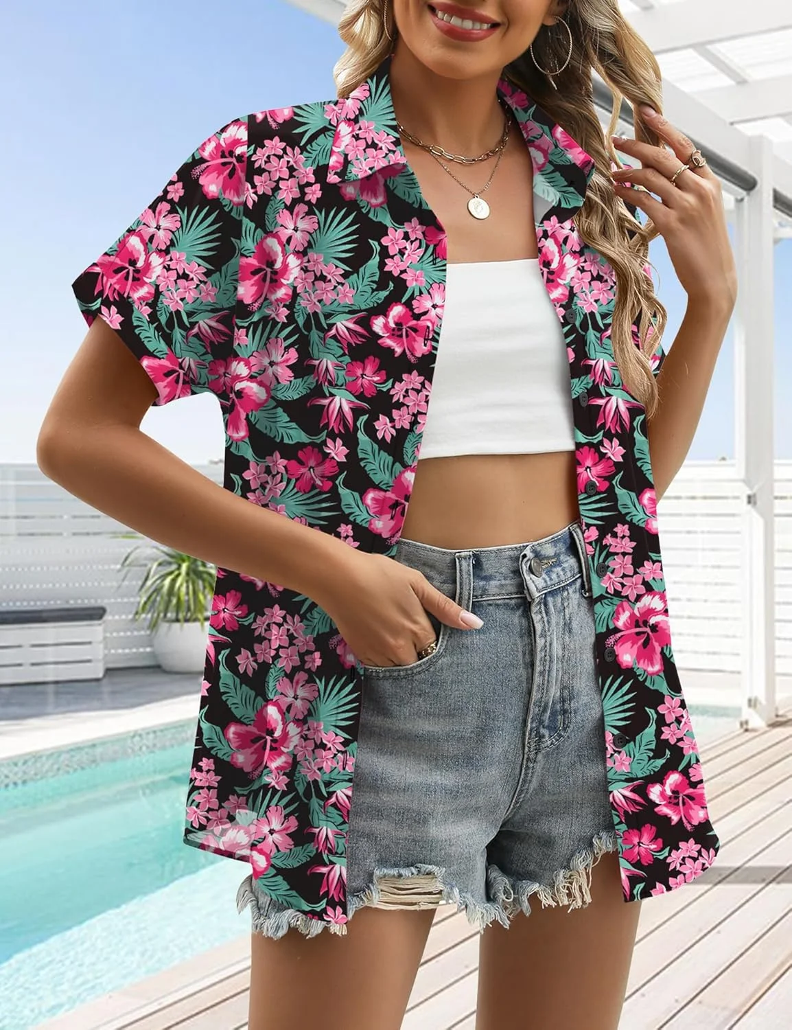 بلوز زنانه تابستانی طرح گلدار دکمه دار آستین کوتاه یقه دار مناسب ساحل هاوایی