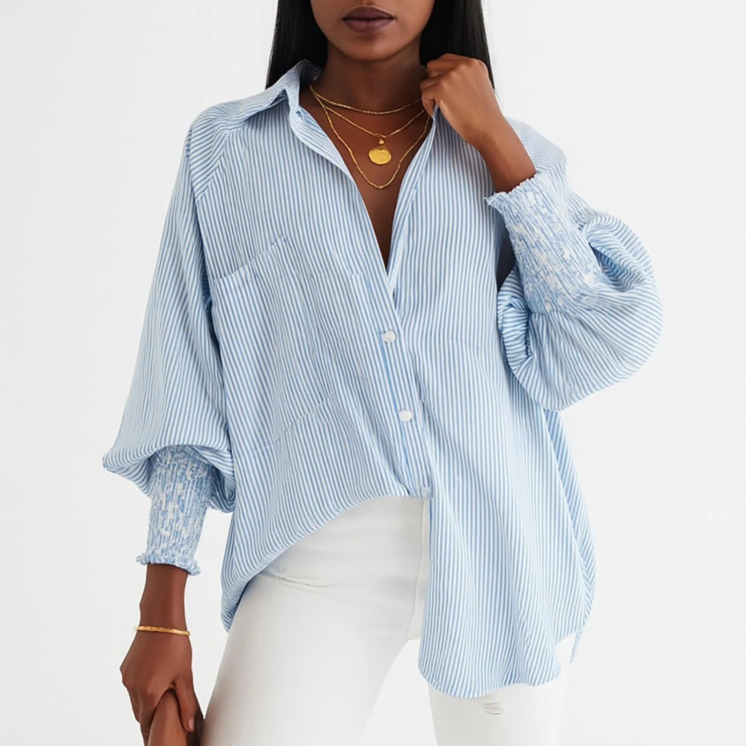 پیراهن راه راه آستین بلند زنانه، بلوز دکمه دار بزرگ، غیر رسمی و همه کاره، آبی