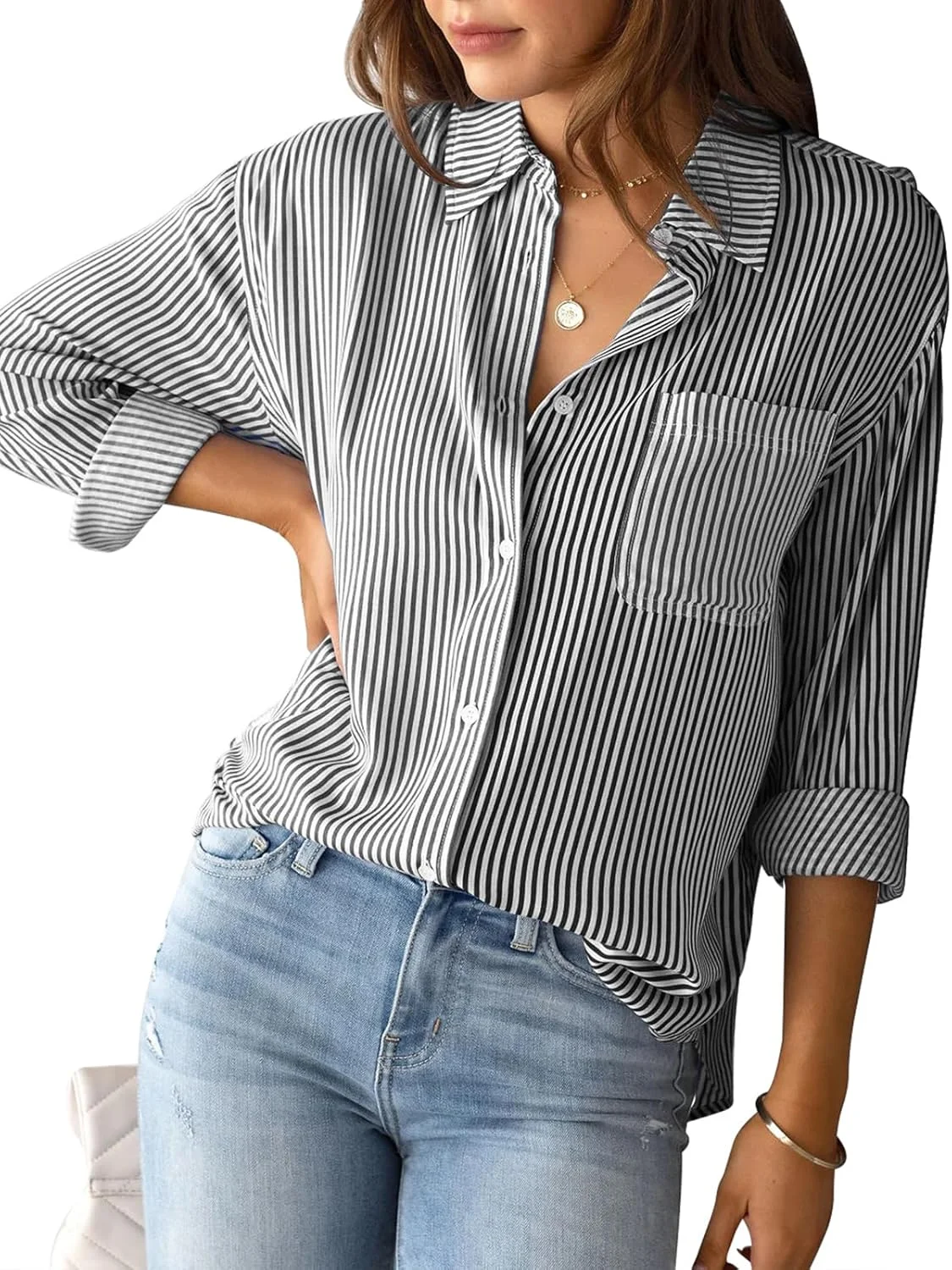 پیراهن راه راه دکمه دار زنانه آستین بلند یقه برگردان مناسب کار و محیط اداری به همراه جیب