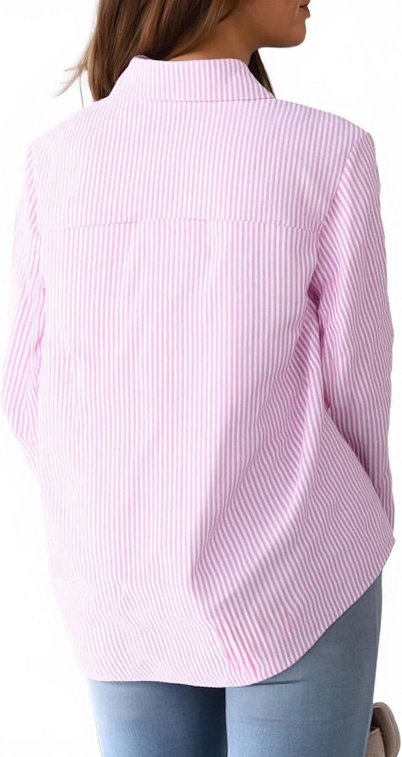 پیراهن زنانه سرمه ای راه راه دکمه دار یقه دار آستین بلند بلوز مجلسی تجاری غیر رسمی با جیب