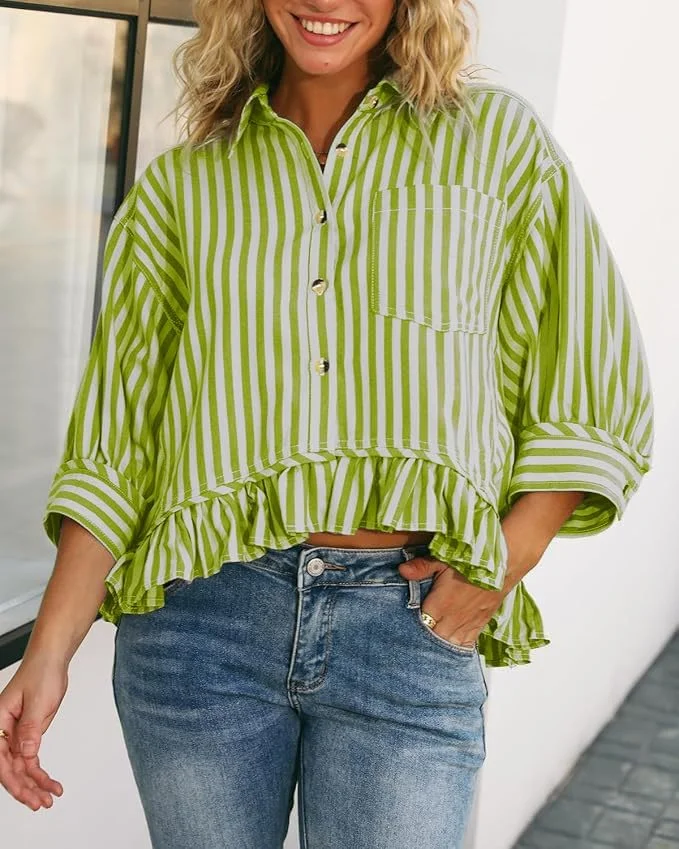 پیراهن زنانه راه راه دکمه دار، یقه هفت، آستین سه ربع، بلوز مجلسی، لبه چین دار، مدل پیراهن پپلوم با جیب