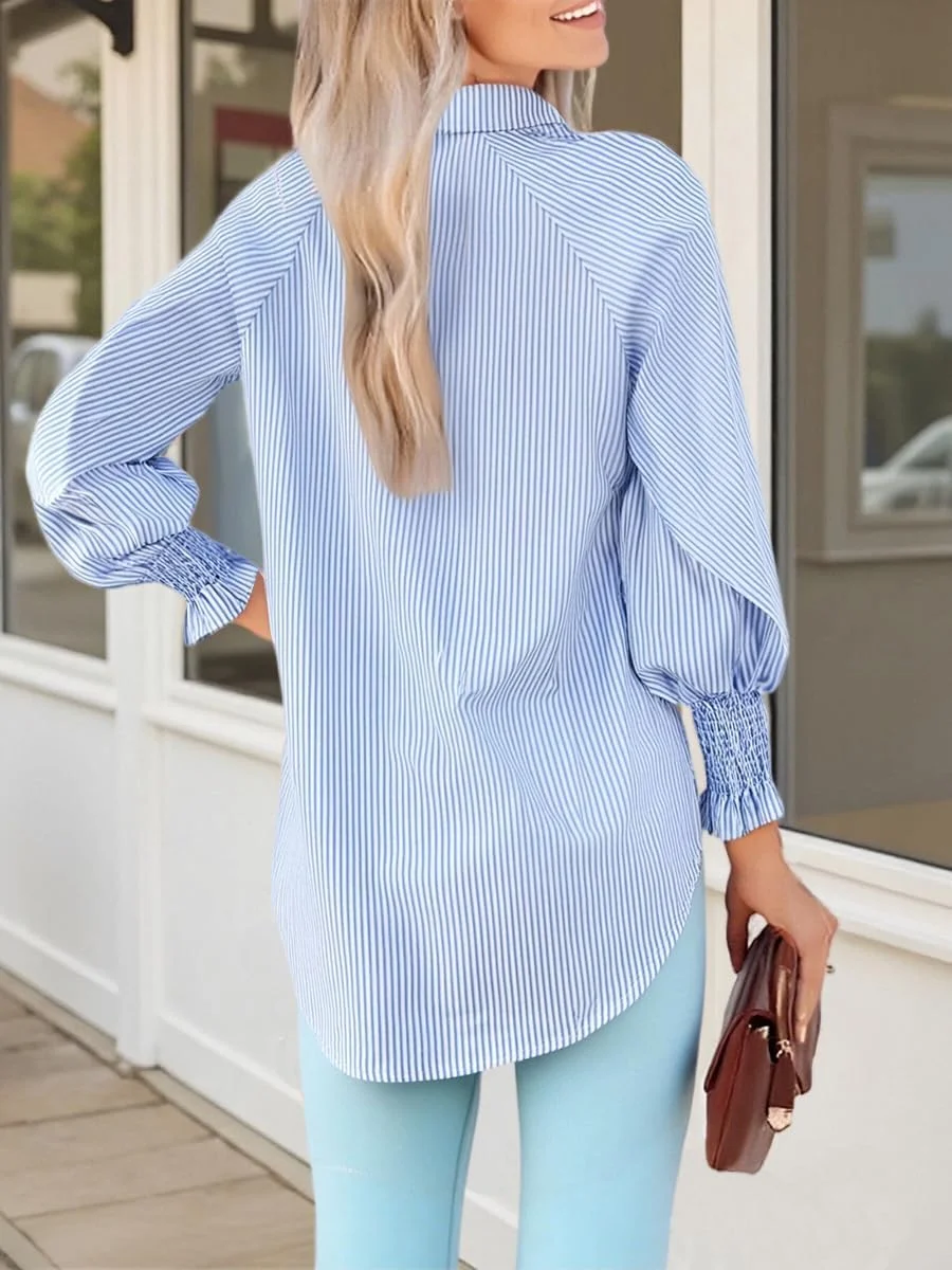 پیراهن راه راه دکمه دار زنانه - بلوز آستین بلند با سرآستین کشی و جیب
