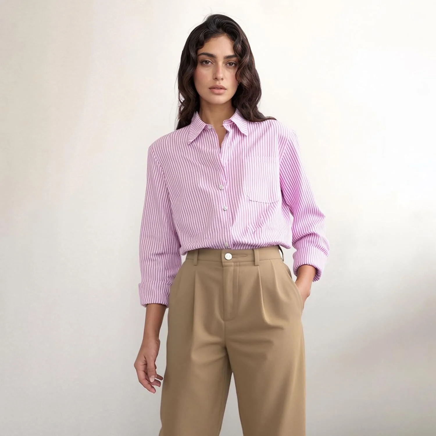 پیراهن زنانه سرمه ای راه راه دکمه دار یقه دار آستین بلند بلوز مجلسی تجاری غیر رسمی با جیب