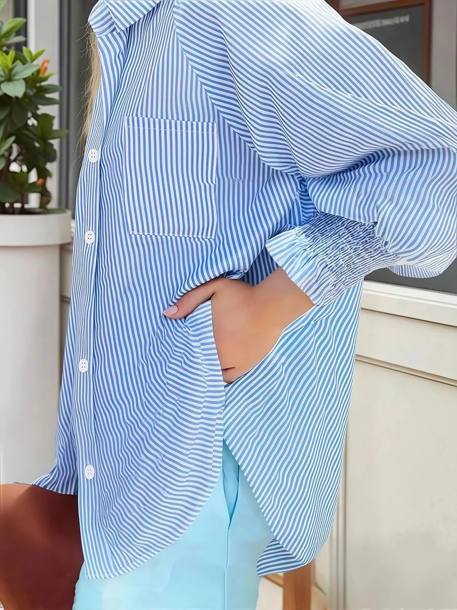 پیراهن راه راه دکمه دار زنانه - بلوز آستین بلند با سرآستین کشی و جیب