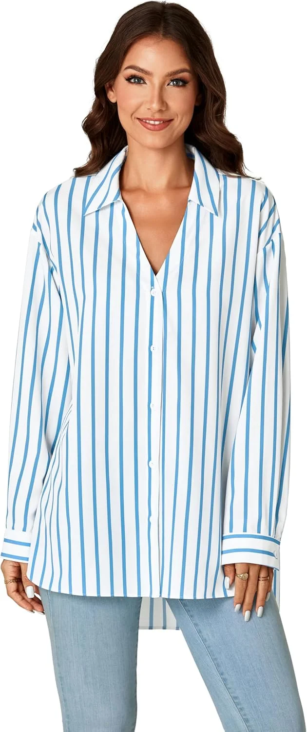 بلوز زنانه راه راه دکمه دار یقه هفت آستین بلند گشاد