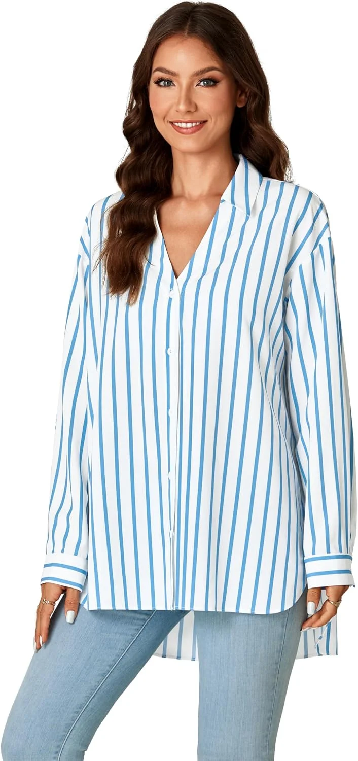 بلوز زنانه راه راه دکمه دار یقه هفت آستین بلند گشاد