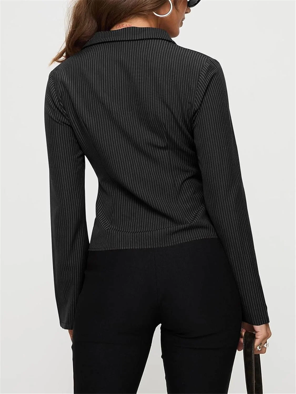 پیراهن راه راه دکمه دار زنانه Y2k آستین بلند، بلوز شیک و غیر رسمی یقه دار مناسب کار، پیراهن باریک راه راه