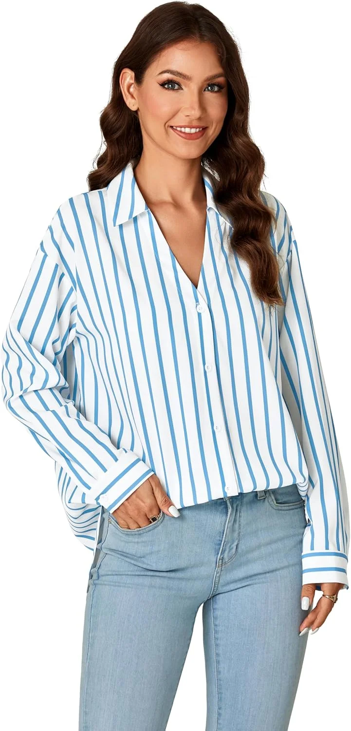 بلوز زنانه راه راه دکمه دار یقه هفت آستین بلند گشاد