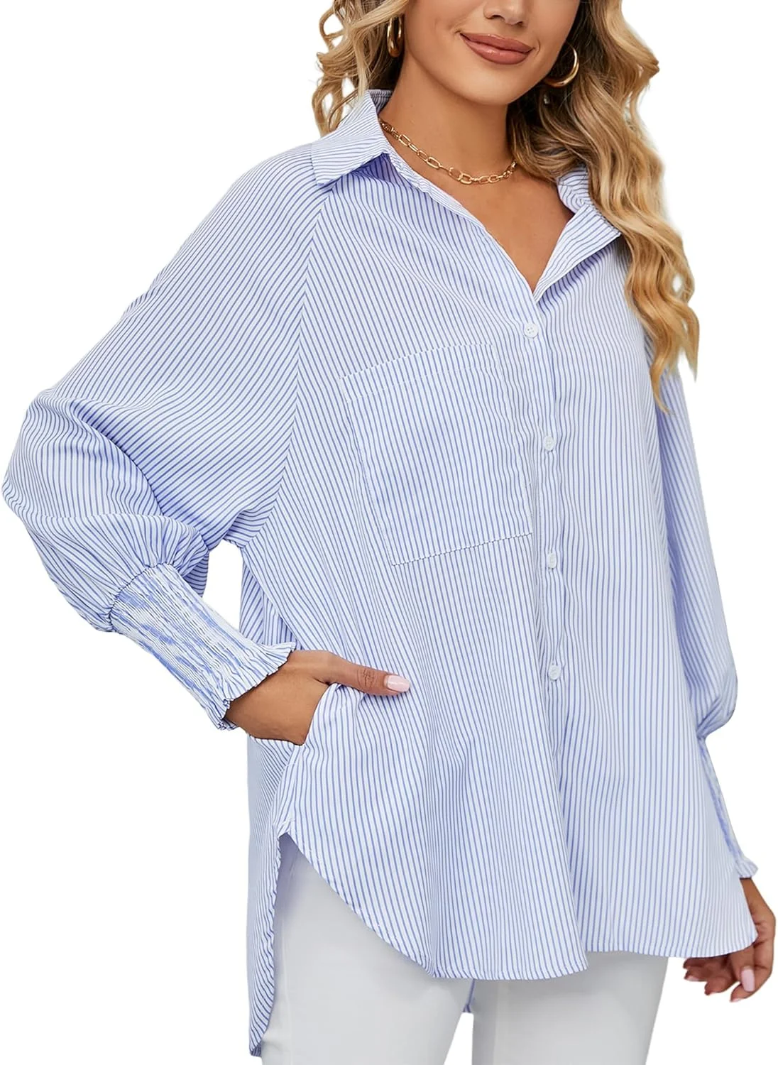 بلوز راه راه زنانه SEAUR آستین بلند دکمه دار گشاد با جیب، سرآستین پلیسه دار، یقه هفت، شیک و کژوال، مناسب تابستان سایز S-XXL