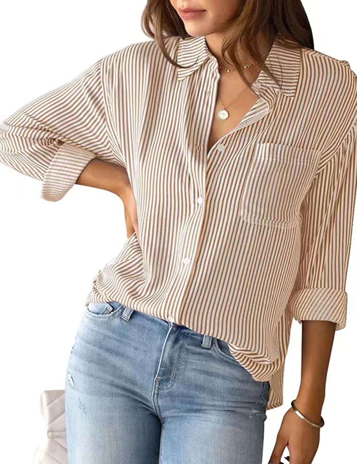 پیراهن زنانه راه راه دکمه دار، بلوزهای کلاسیک آستین بلند گشاد مناسب کار و محیط اداری به همراه جیب