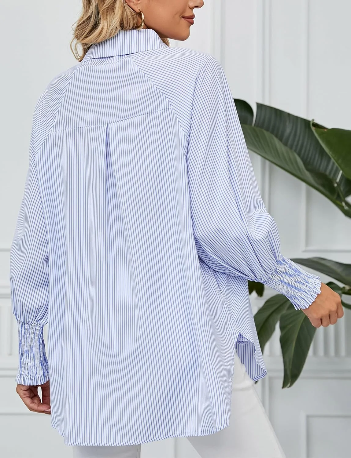 بلوز راه راه زنانه SEAUR آستین بلند دکمه دار گشاد با جیب، سرآستین پلیسه دار، یقه هفت، شیک و کژوال، مناسب تابستان سایز S-XXL