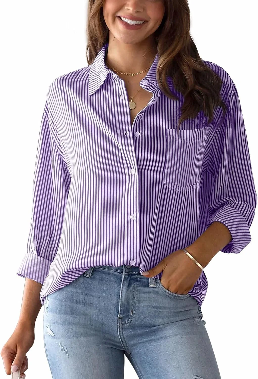 بلوز راه راه زنانه آستین بلند دکمه دار، تونیک، پیراهن شیک و غیر رسمی یقه هفت، بلوز پایه، تاپ اداری شیک، سایز S، بنفش