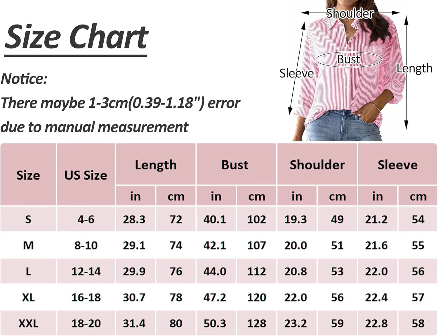 بلوز راه راه زنانه آستین بلند دکمه دار، تونیک، بلوز یقه هفت شیک و غیر رسمی، پیراهن پایه ای، تاپ های اداری شیک، سایز XXL، صورتی