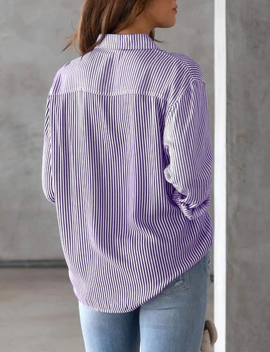 بلوز راه راه زنانه آستین بلند دکمه دار، تونیک، پیراهن شیک و غیر رسمی یقه هفت، بلوز پایه، تاپ اداری شیک، سایز S، بنفش