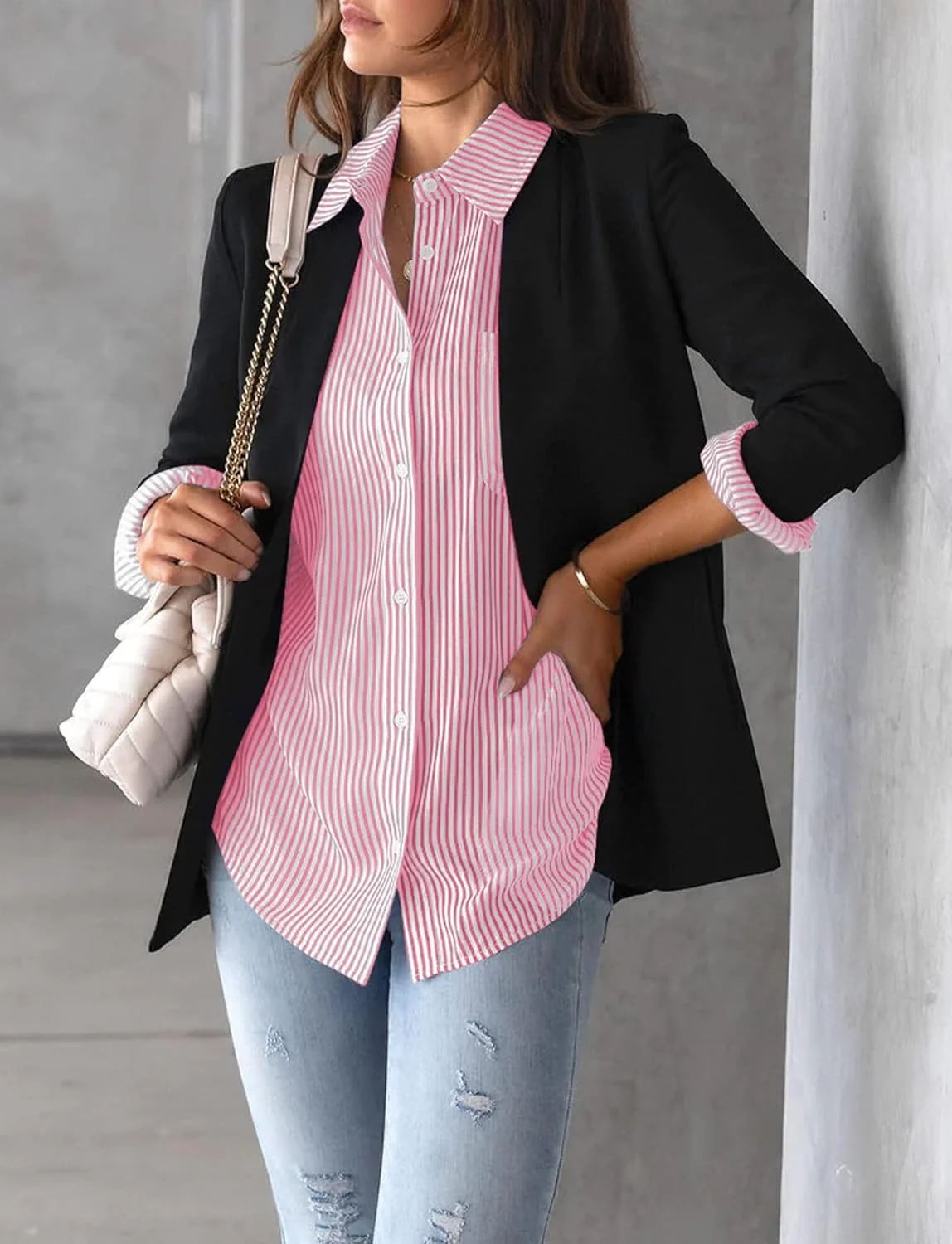 بلوز راه راه زنانه آستین بلند دکمه دار، تونیک، بلوز یقه هفت شیک و غیر رسمی، پیراهن پایه ای، تاپ های اداری شیک، سایز XXL، صورتی