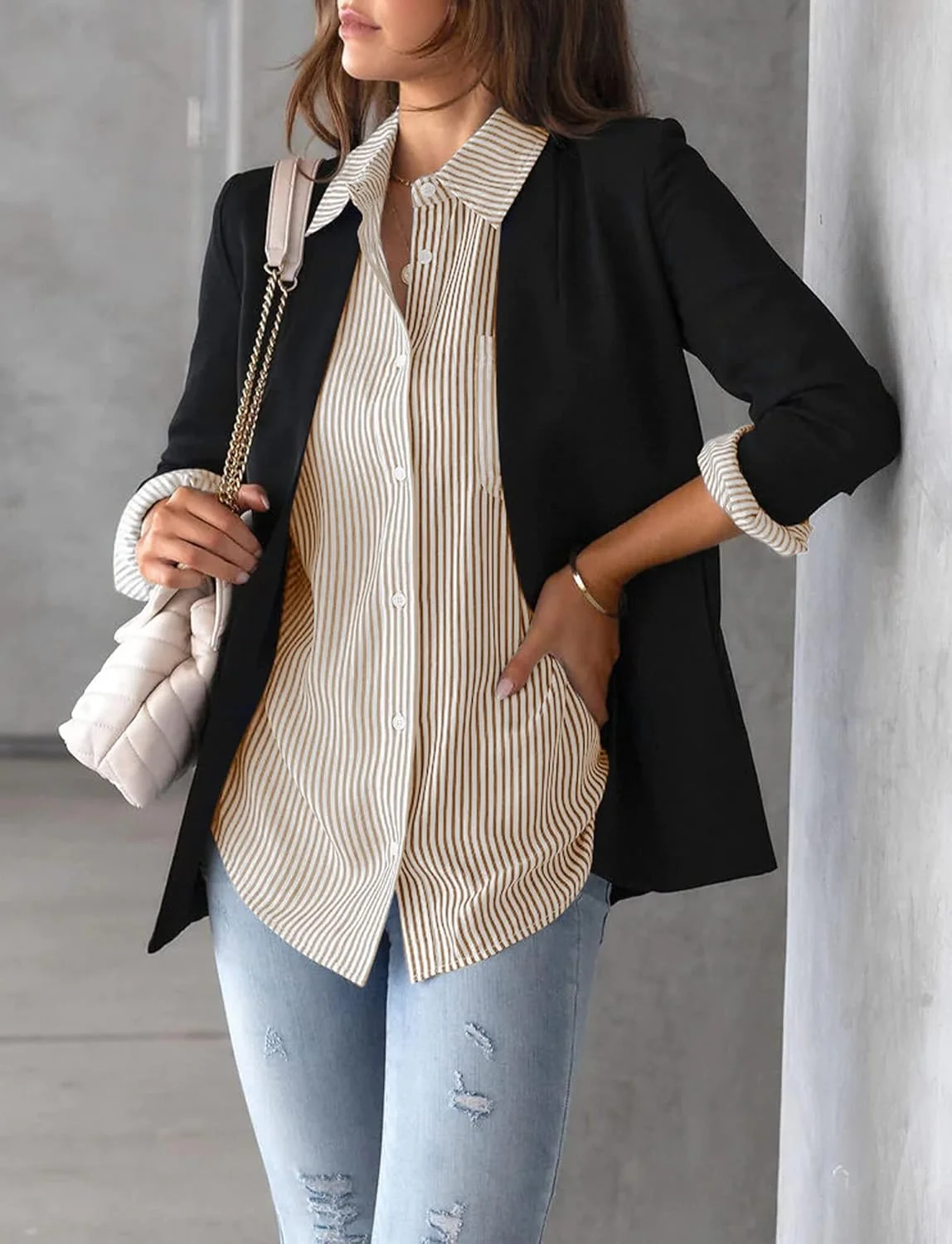 بلوز راه راه زنانه آستین بلند دکمه دار، تونیک، بلوز یقه هفت شیک و غیر رسمی، تیشرت پایه ای، تاپ های اداری شیک، سایز XL، خاکی