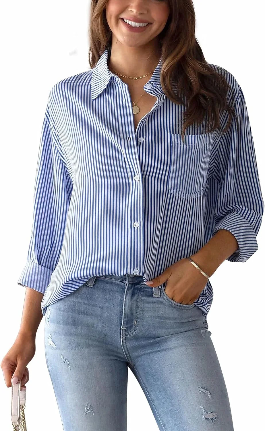 بلوز زنانه راه راه لینن آستین بلند دکمه دار تونیک پیراهن غیر رسمی شیک یقه هفت بلوز پایه پیراهن شیک تاپ اداری، XL، آبی