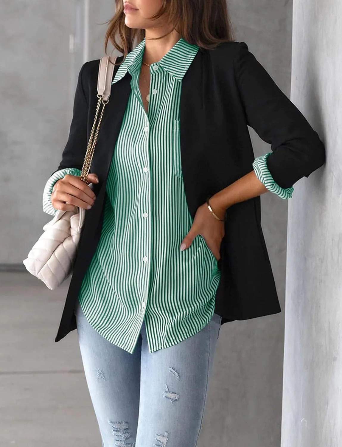 بلوز راه راه زنانه آستین بلند دکمه دار، تونیک، بلوز یقه هفت شیک و غیر رسمی، بلوز پایه، تاپ اداری شیک، XL، سبز