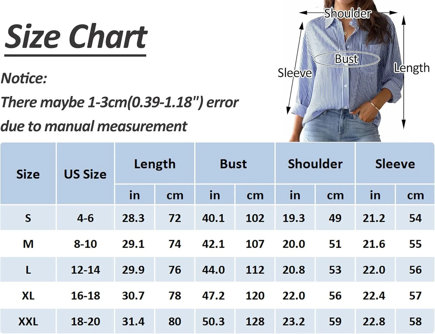 بلوز راه راه زنانه آستین بلند دکمه دار، تونیک، بلوز یقه هفت شیک و غیر رسمی، پیراهن پایه ای، تاپ های اداری شیک، سایز L، آبی