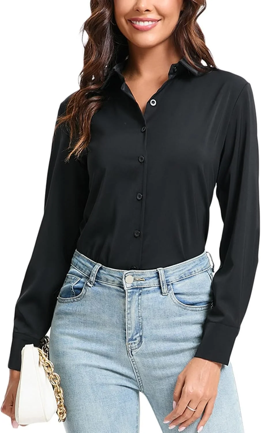 بلوز زنانه آستین بلند دکمه دار، نرم و بدون چروک، مناسب کار، استایل کژوال، محیط کار و اداری