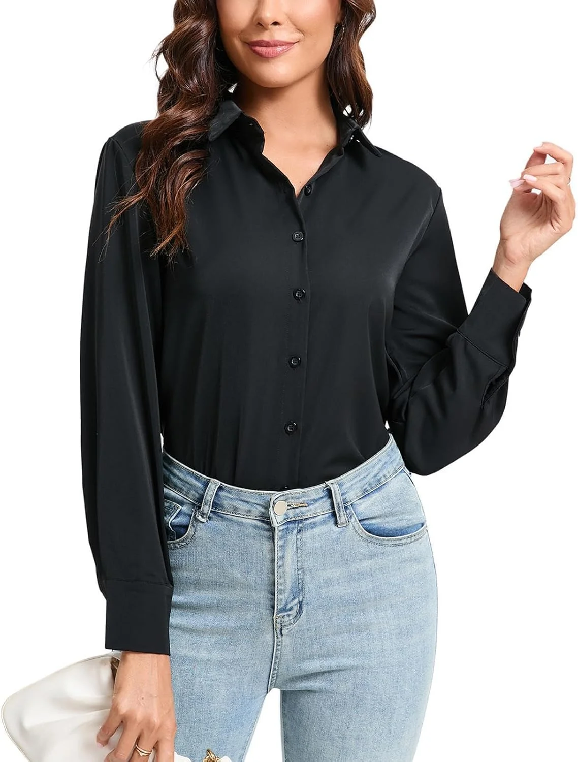 بلوز زنانه آستین بلند دکمه دار، نرم و بدون چروک، مناسب کار، استایل کژوال، محیط کار و اداری