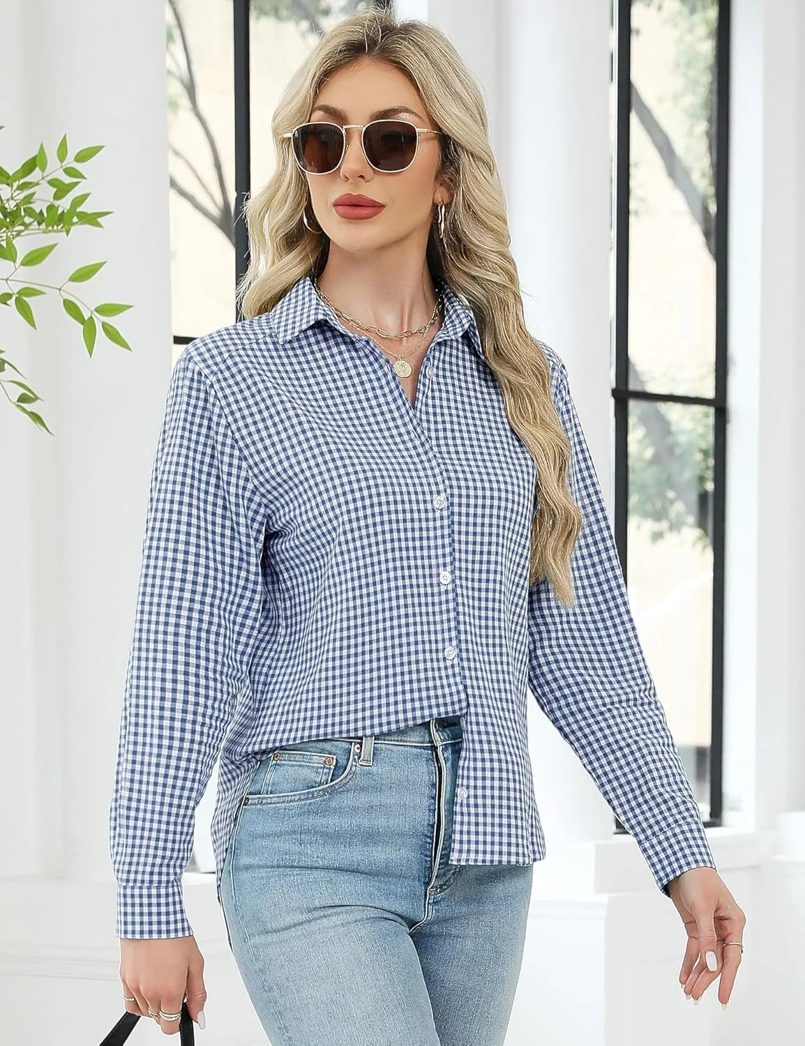 پیراهن زنانه آستین بلند دکمه دار، مدل آزاد، یقه دار، بلوز چهارخانه نخی، مناسب استفاده روزمره و کار پیراهن زنانه آستین بلند دکمه دار، مدل آزاد، یقه دار، بلوز چهارخانه نخی، مناسب استفاده روزمره و کار