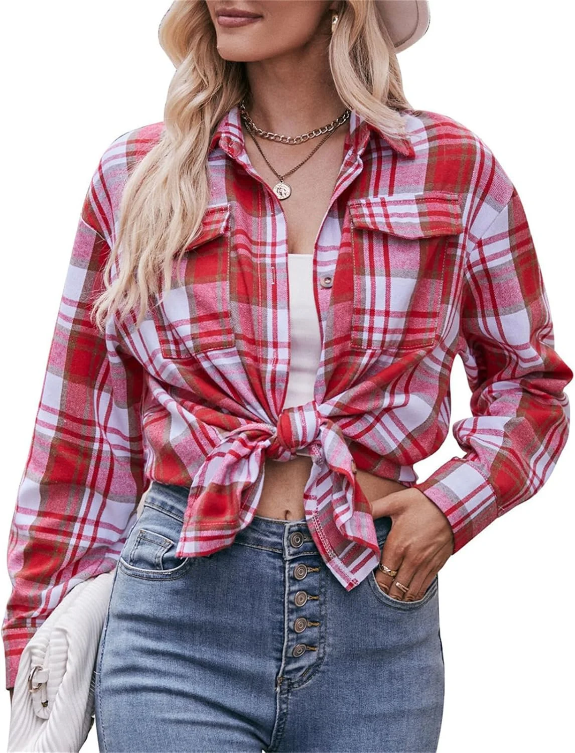 پیراهن چهارخانه زنانه، بلوز آستین بلند، پیراهن های دکمه دار چهارخانه غیر رسمی، تاپ های پایه، پیراهن های چهارخانه آستین بلند زنانه کت های دکمه دار یقه دار با جیب